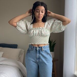 HEMANT & NANDITA Floral Cotton Smocked Crop Top Mint Green bustier cottagecore